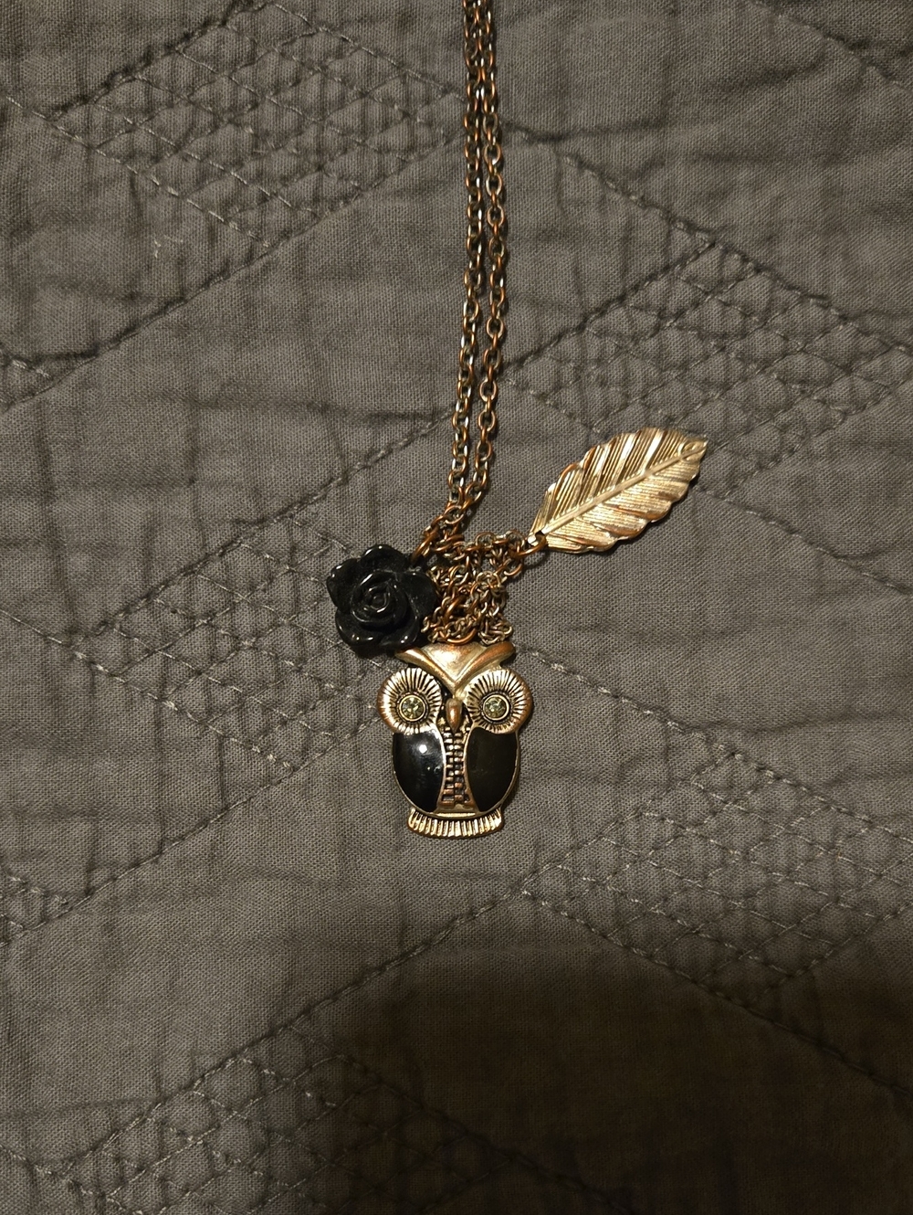 Owl Pendant Necklace with Black Enamel Accents - Women's Jewelry
